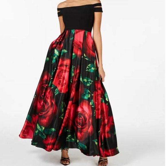 Blondie Nites Juniors Double-Strap Off-the-Shoulder Floral-Skirt Gown Size 0 NEW - Picture 1 of 5